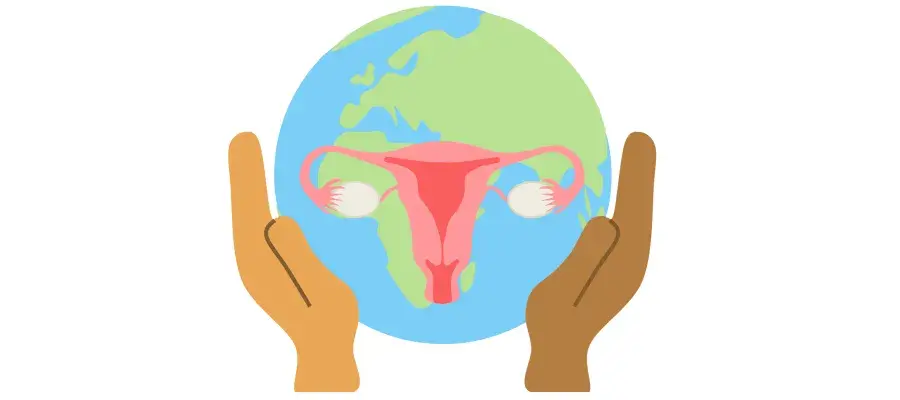 Infographic of hands holding the earth with a uterus overlaying
