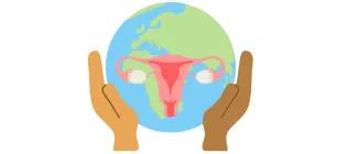 Infographic of hands holding the earth with a uterus overlaying