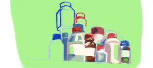 illustration of bottles on lab shelf