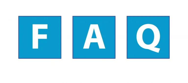 word art of the letters F A Q in three blue squares