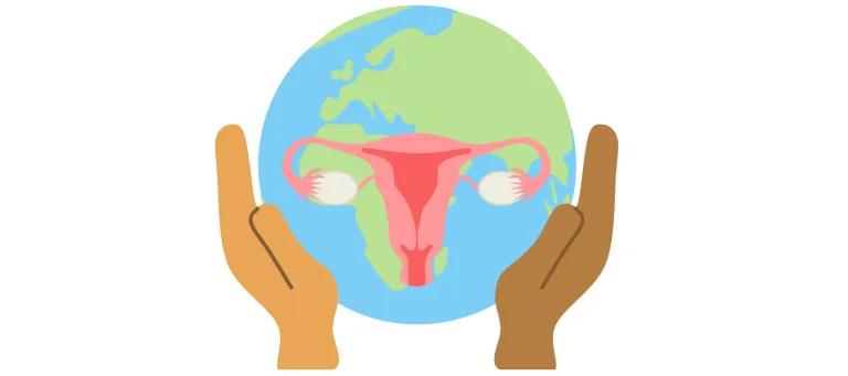 Infographic of hands holding the earth with a uterus overlaying
