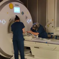 Two clinicians supporting baby in MRI machine