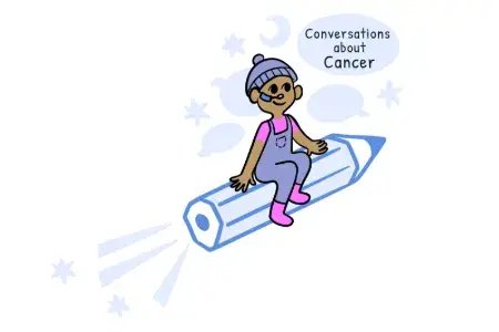 conversations about cancer logo - child on flying pencil