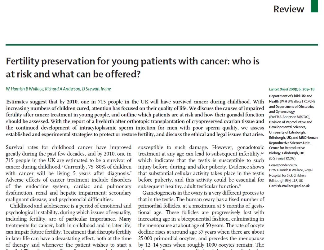 Screenshot of front page of paper 'Fertility preservation for young patients with cancer'