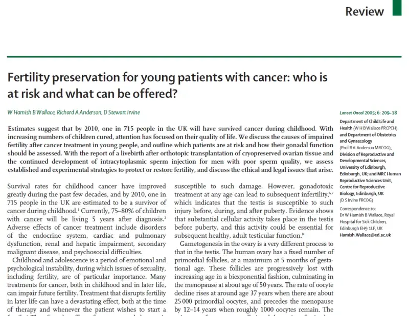 Screenshot of front page of paper 'Fertility preservation for young patients with cancer'